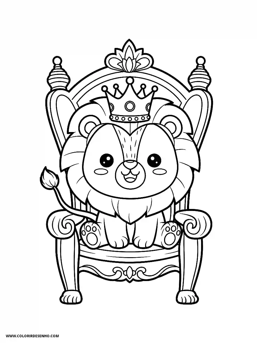 Lion Coloring Pages (259+ Free Printables) 239 Lion kawaii style adorable for kids grinning lion donning tiara seated on royal chair