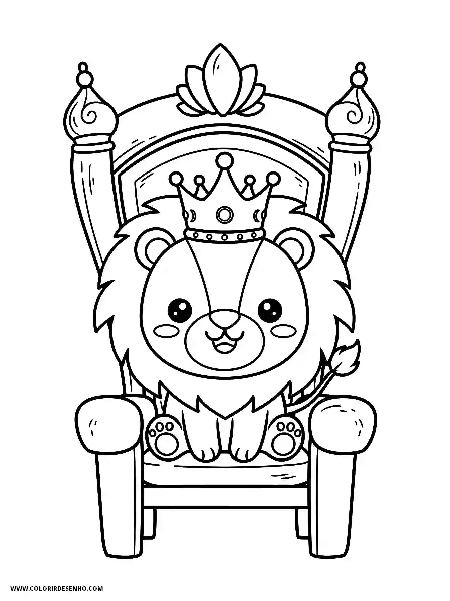 Lion Coloring Pages (259+ Free Printables) 240 Lion kawaii style adorable for kids smiling lion wearing a crown sitting on throne