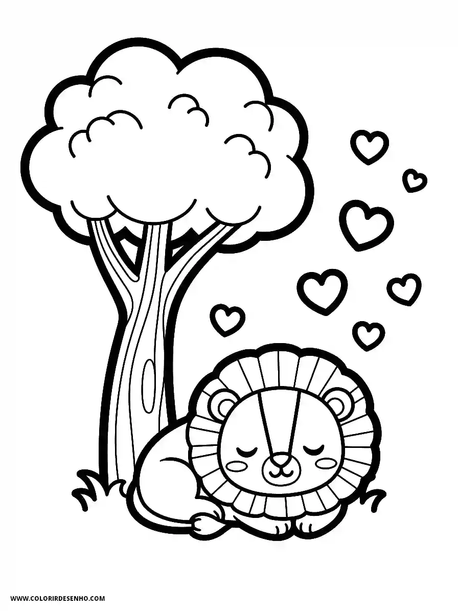 Lion Coloring Pages (259+ Free Printables) 241 Lion kawaii style cute simple lion napping beneath tree with love shapes drifting