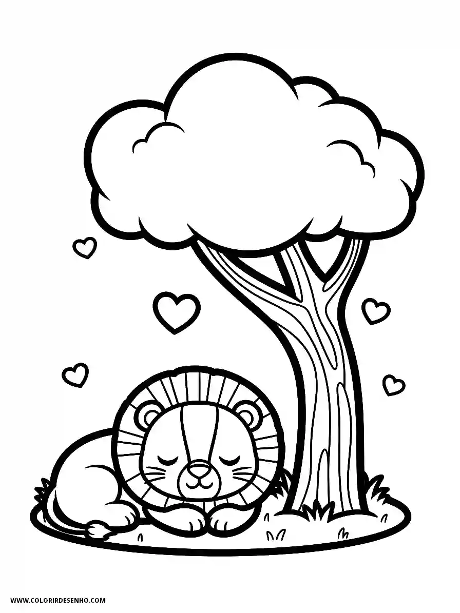Lion Coloring Pages (259+ Free Printables) 242 Lion kawaii style cute simple lion sleeping under a tree with hearts floating
