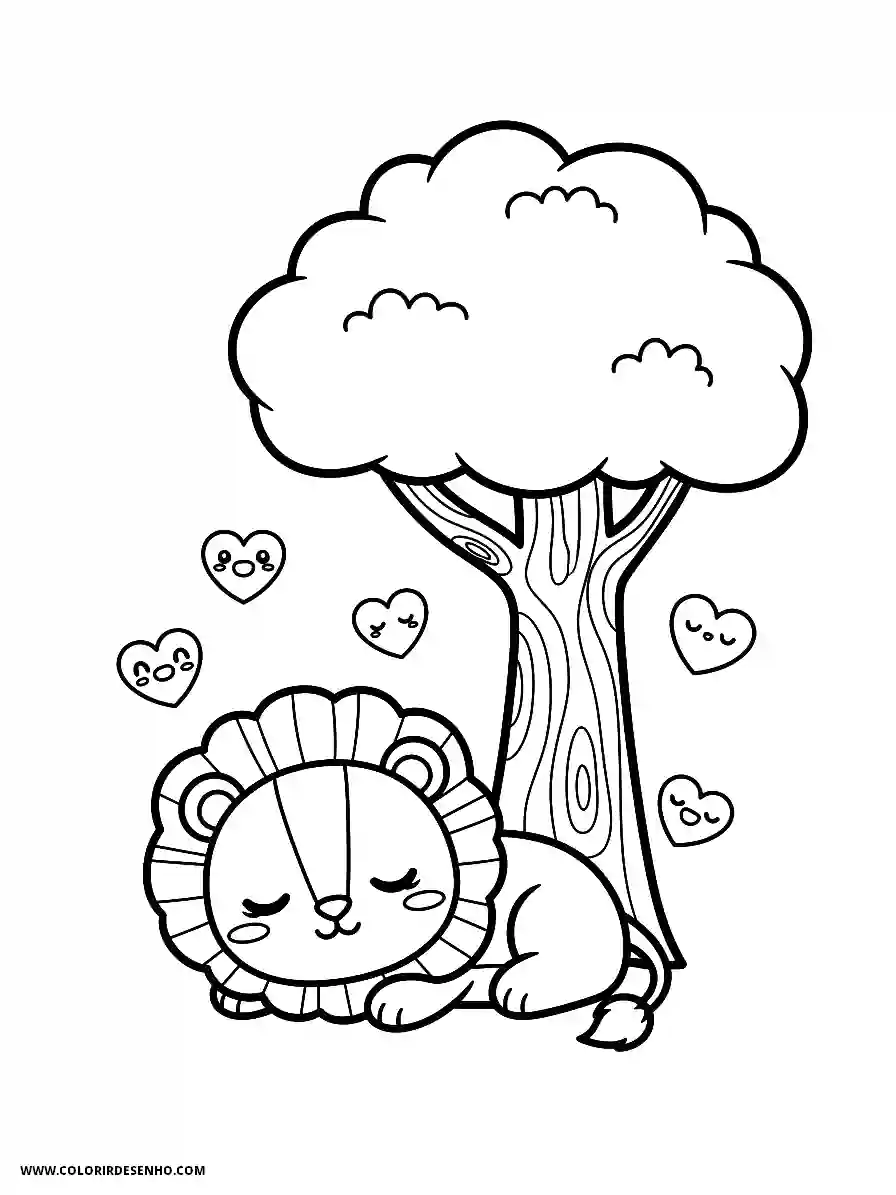 Lion Coloring Pages (259+ Free Printables) 243 Lion kawaii style cute simple lion sleeping under a tree with hearts floating