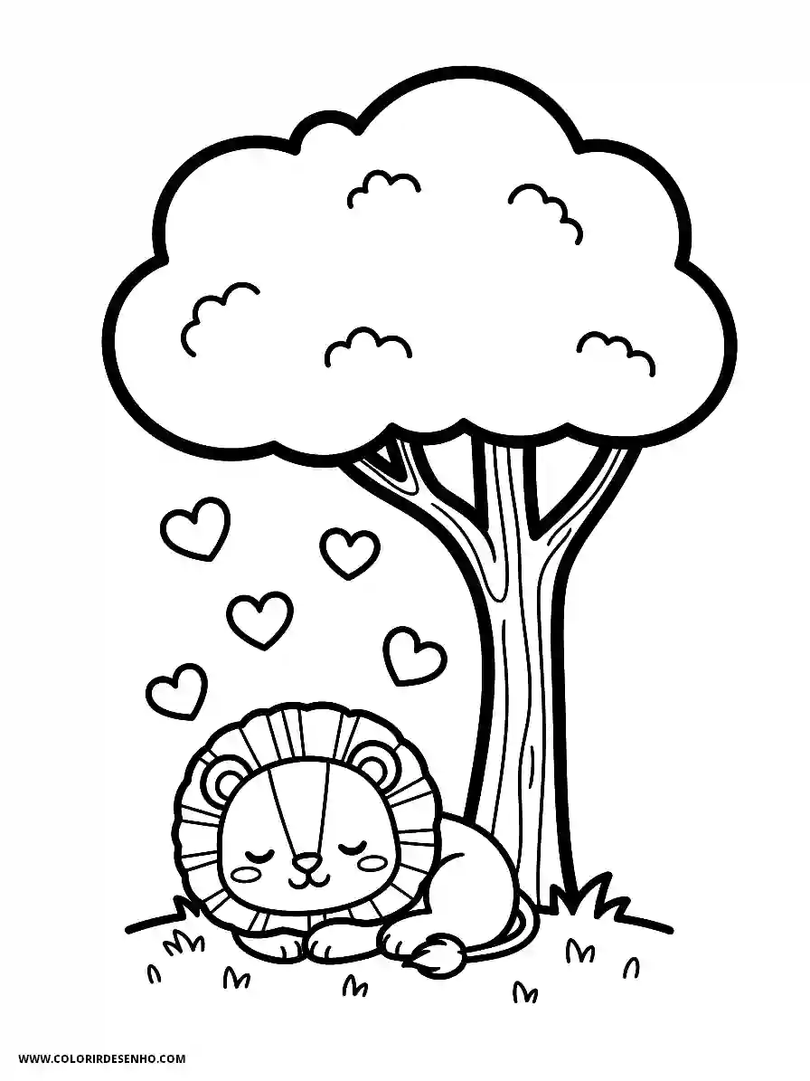 Lion Coloring Pages (259+ Free Printables) 244 Lion kawaii style cute simple lion snoozing under tree with floating hearts