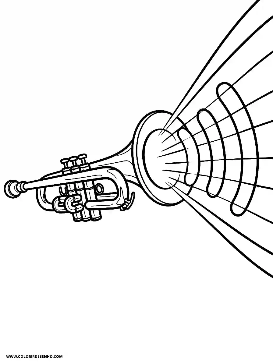 Music Coloring Pages (180+ Free Printables) 161 Music animation style cute a shiny trumpet blasting out a visible rainbow of sound waves wide angle