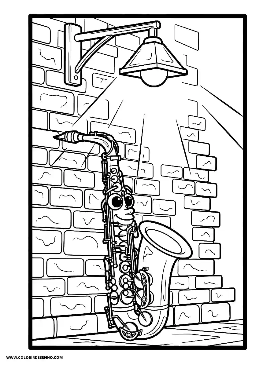 Music Coloring Pages (180+ Free Printables) 162 Music animation style cute a smooth jazz saxophone leaning against a textured brick wall under a street lamp moody lighting