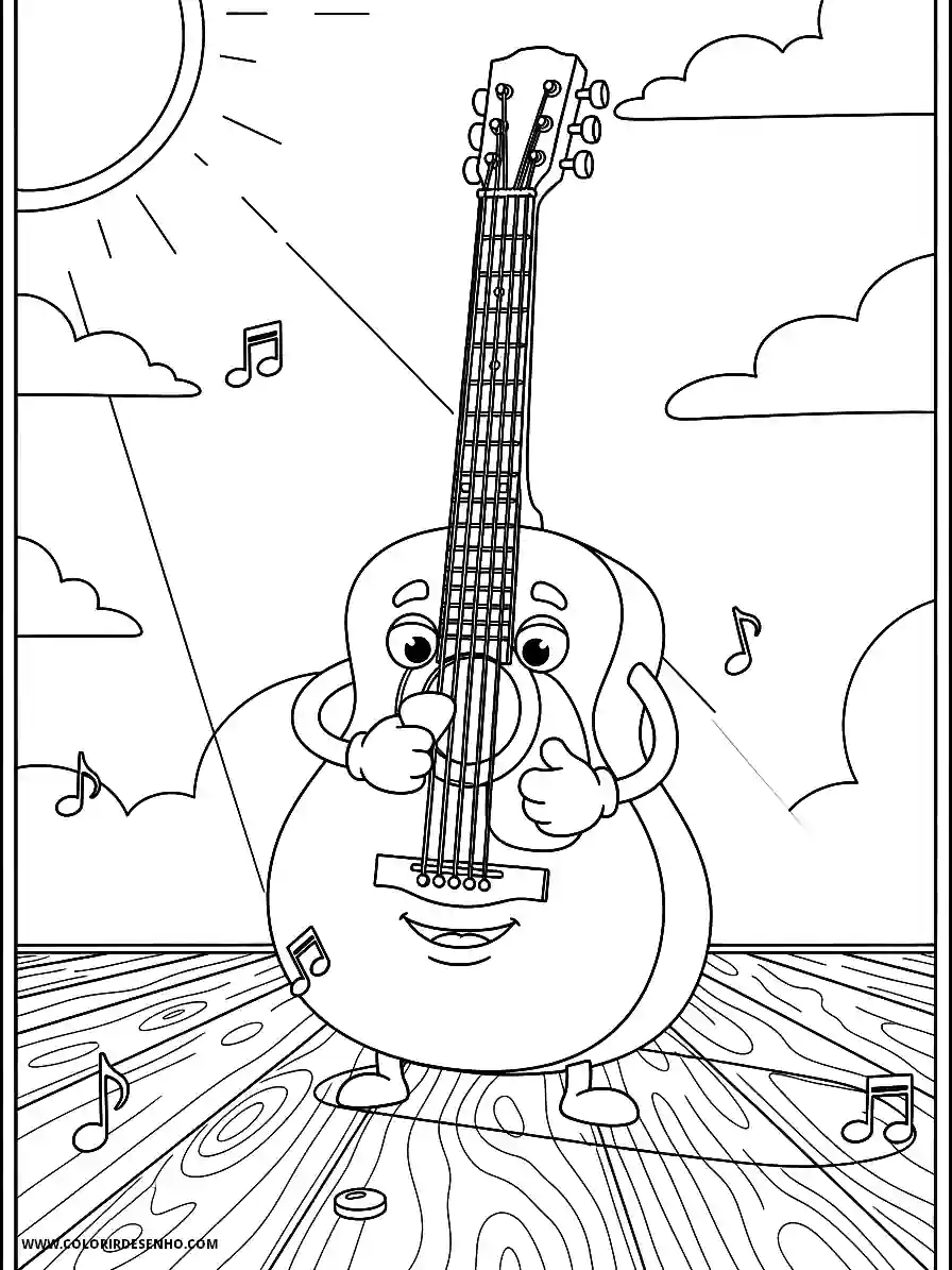 Music Coloring Pages (180+ Free Printables) 159 Music animation style a happy acoustic guitar playing itself on a sunny wooden stage low angle view