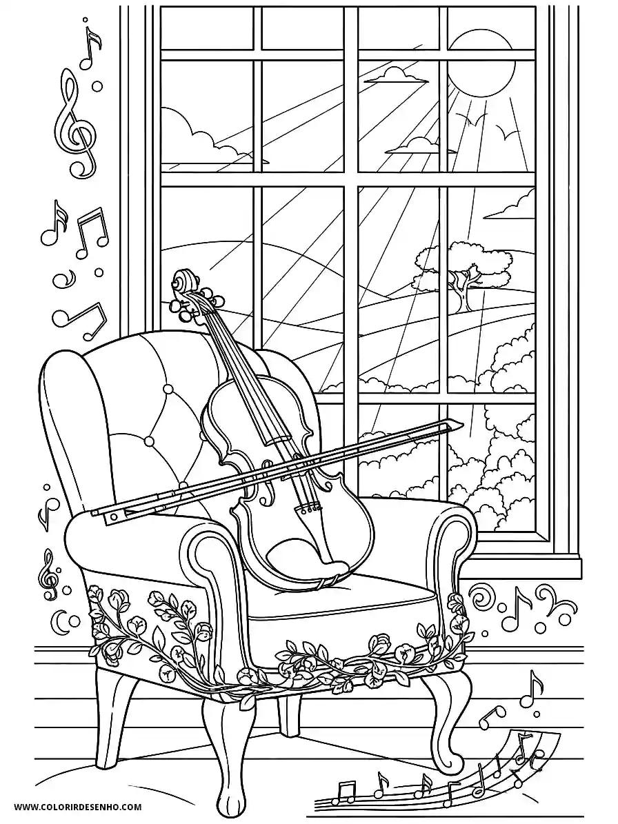 Music Coloring Pages (180+ Free Printables) 160 Music animation style an elegant violin resting on a velvet chair near a window peaceful atmosphere