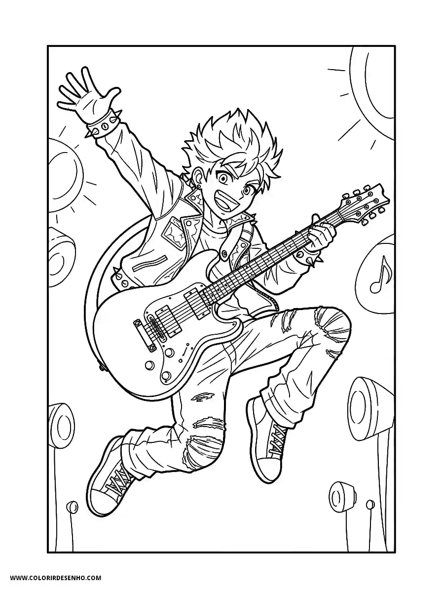 Music Coloring Pages (180+ Free Printables) 163 Music anime style cute a rockstar jumping high in the air while strumming an electric guitar action shot