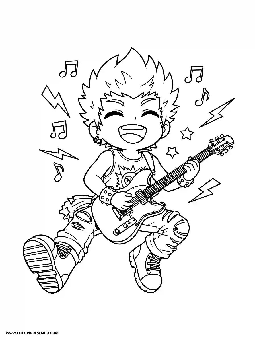Music Coloring Pages (180+ Free Printables) 164 Music anime style cute a rockstar leaping high in the air while strumming an electric guitar action shot