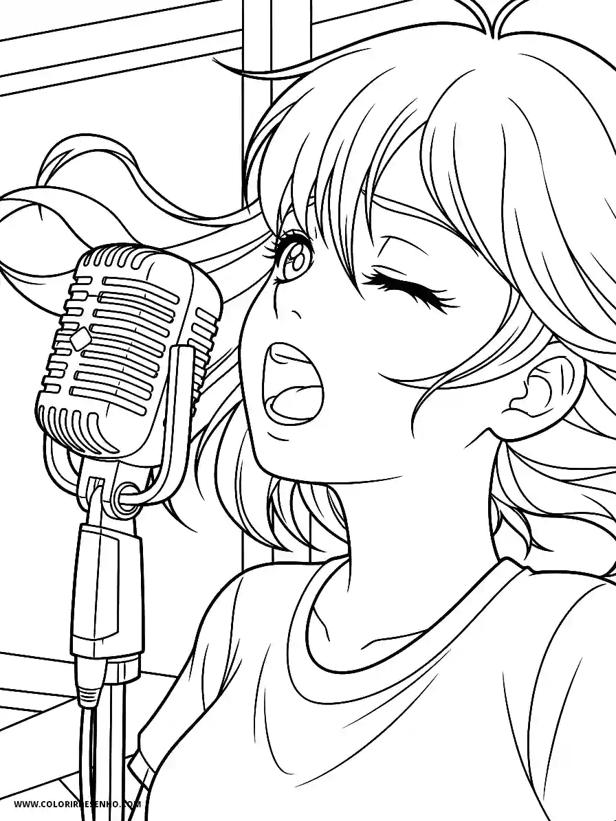 Music anime style cute a young girl singing passionately into a vintage microphone closeup shot