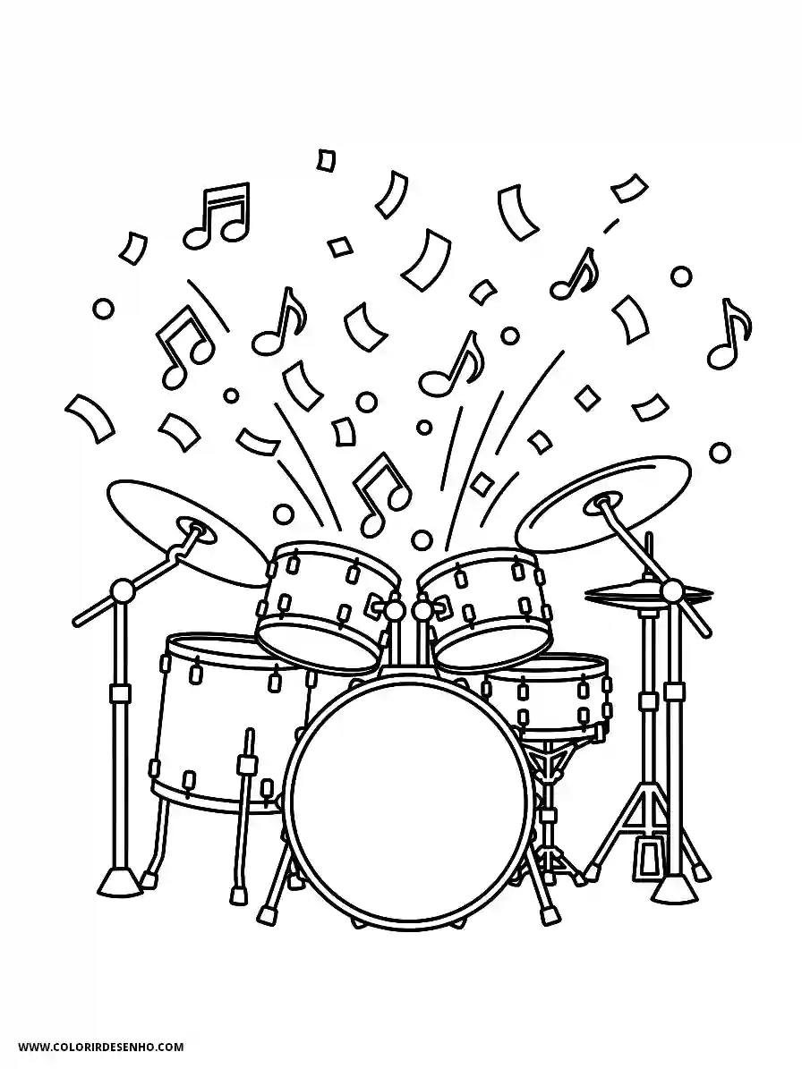 Music Coloring Pages (180+ Free Printables) 167 Music cartoon style adorable a drum kit bursting with energy and confetti action pose