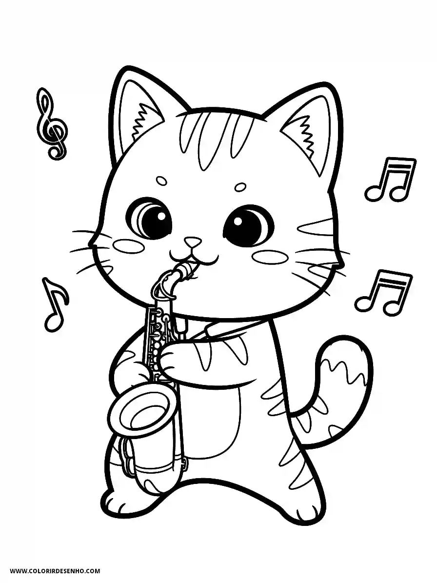 Music Coloring Pages (180+ Free Printables) 169 Music chibi style cute an adorable cat performing a saxophone with floating musical notes joyful expression