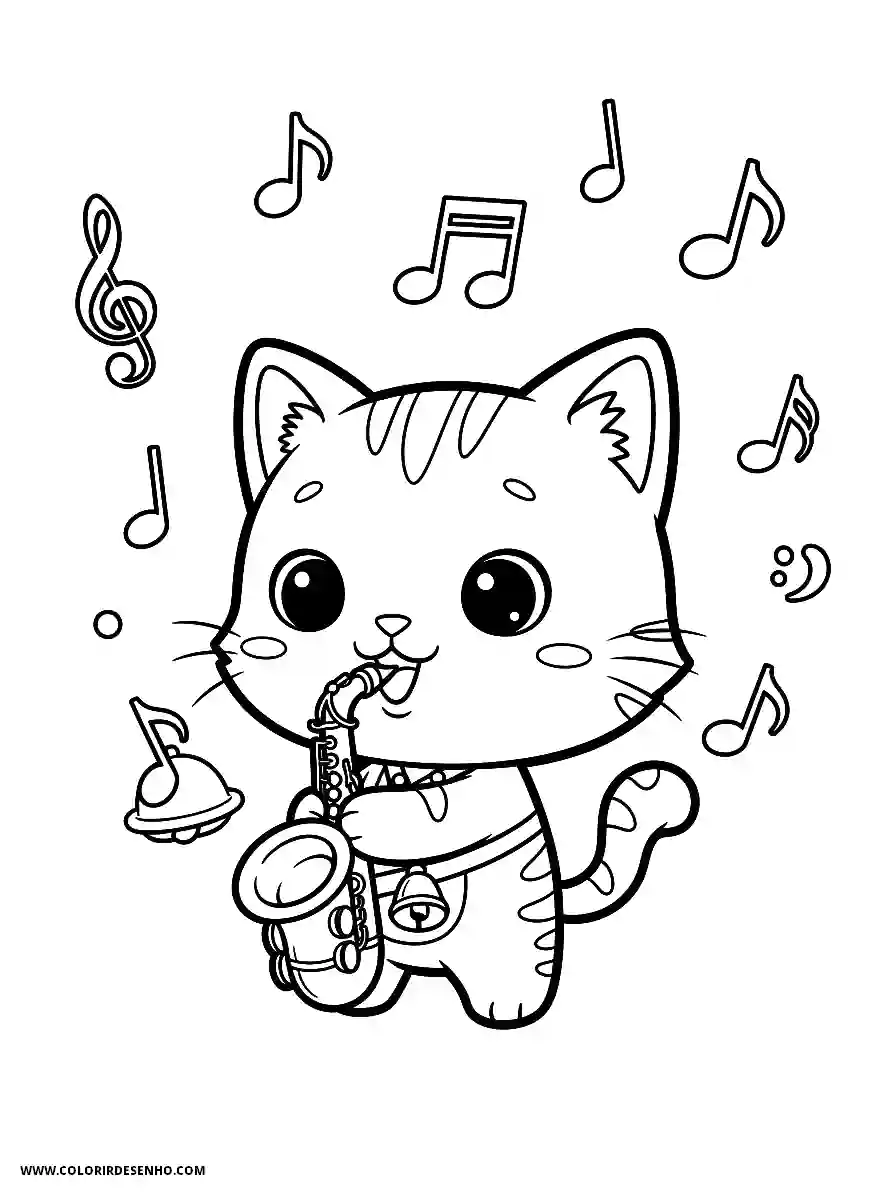 Music Coloring Pages (180+ Free Printables) 170 Music chibi style cute an adorable cat playing a saxophone with floating musical notes joyful expression