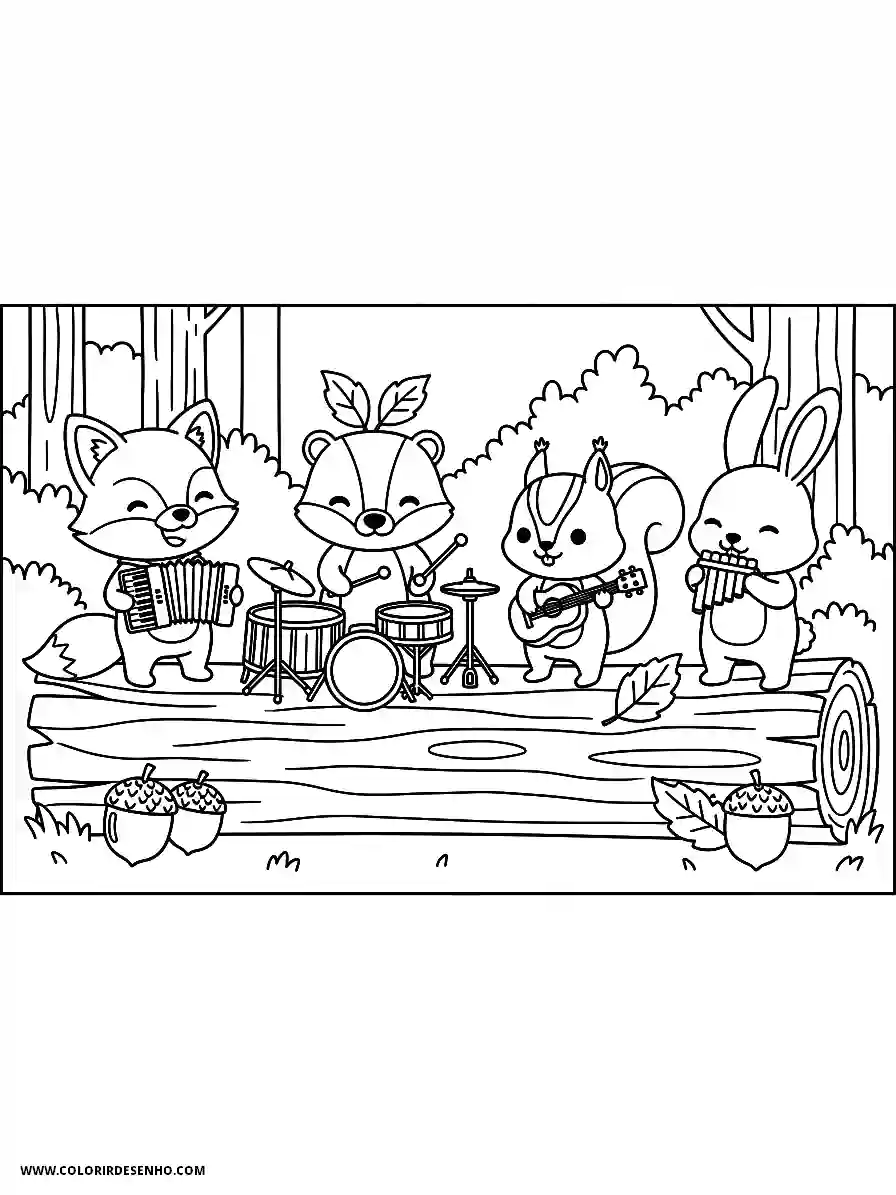 Music Coloring Pages (180+ Free Printables) 168 Music chibi style a band of forest animals playing instruments on a fallen log wide shot