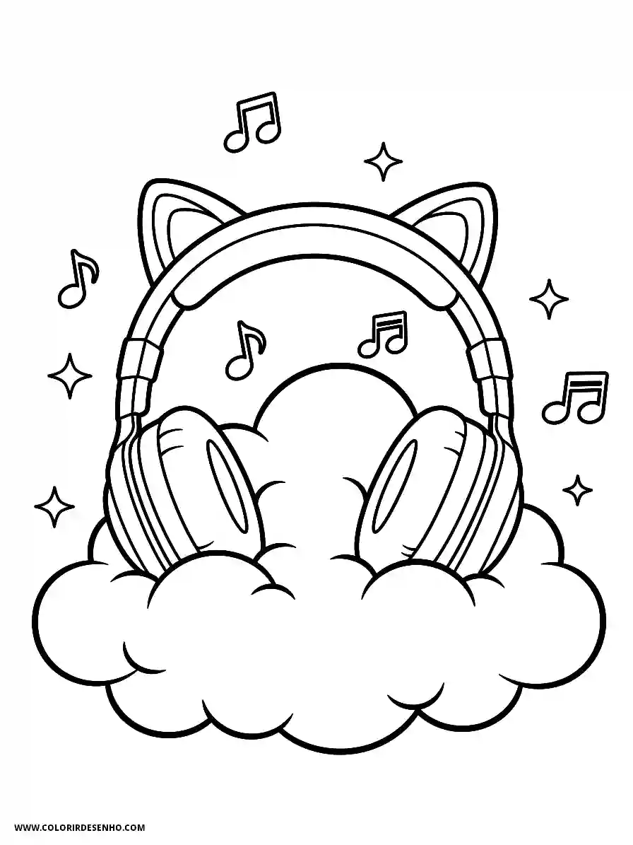 Music Coloring Pages (180+ Free Printables) 172 Music kawaii style adorable headphones with cat ears resting on a fluffy cloud dreamy vibe