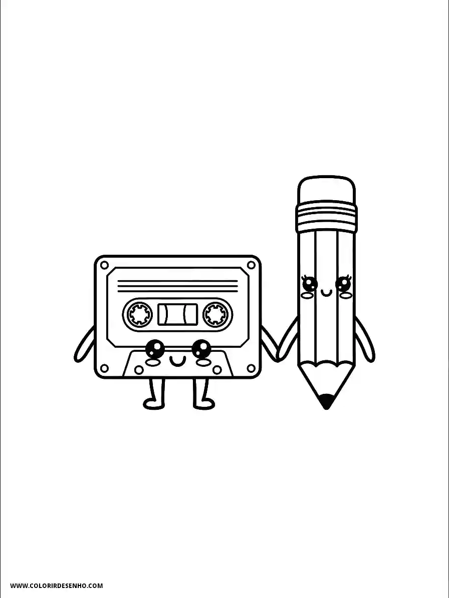 Music Coloring Pages (180+ Free Printables) 173 Music kawaii style cute a retro cassette tape and a pencil clasping hands nostalgic friendship concept