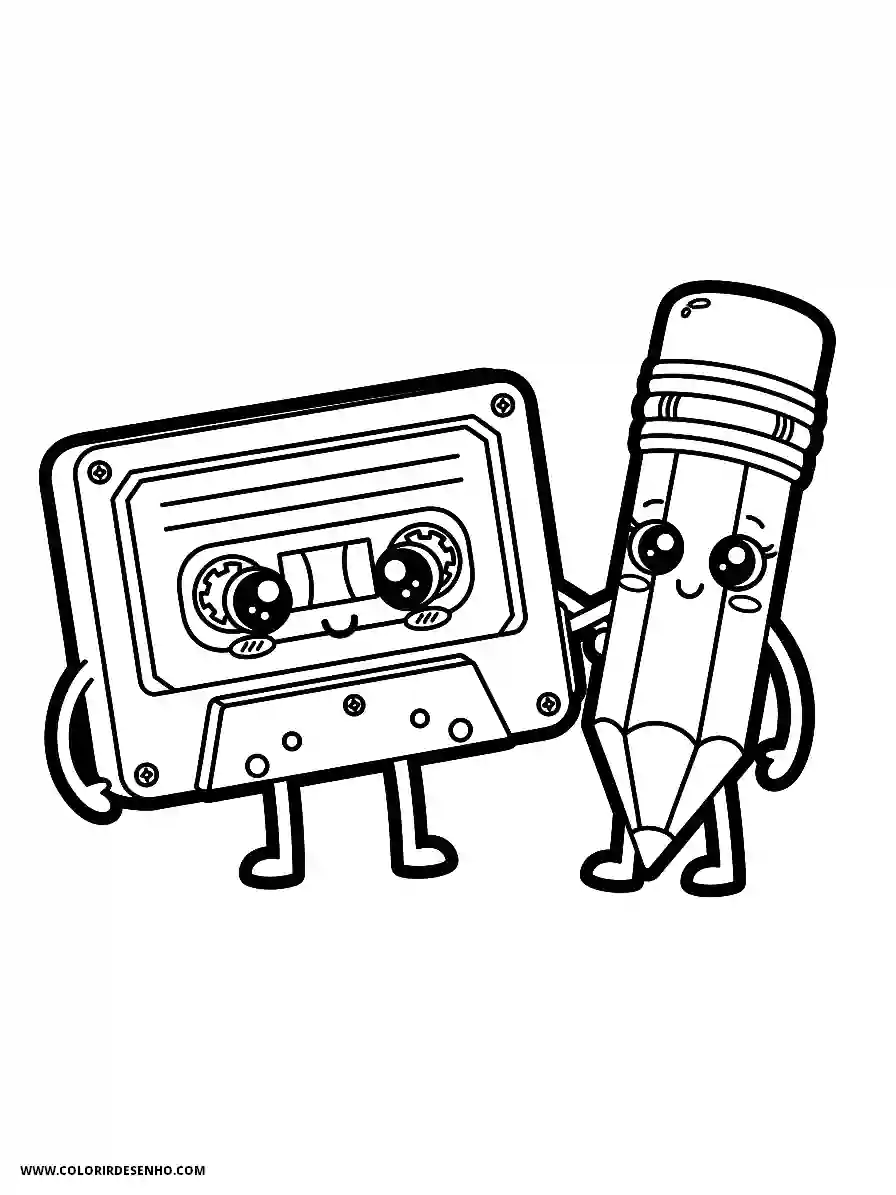 Music Coloring Pages (180+ Free Printables) 174 Music kawaii style cute a retro cassette tape and a pencil holding hands nostalgic friendship concept