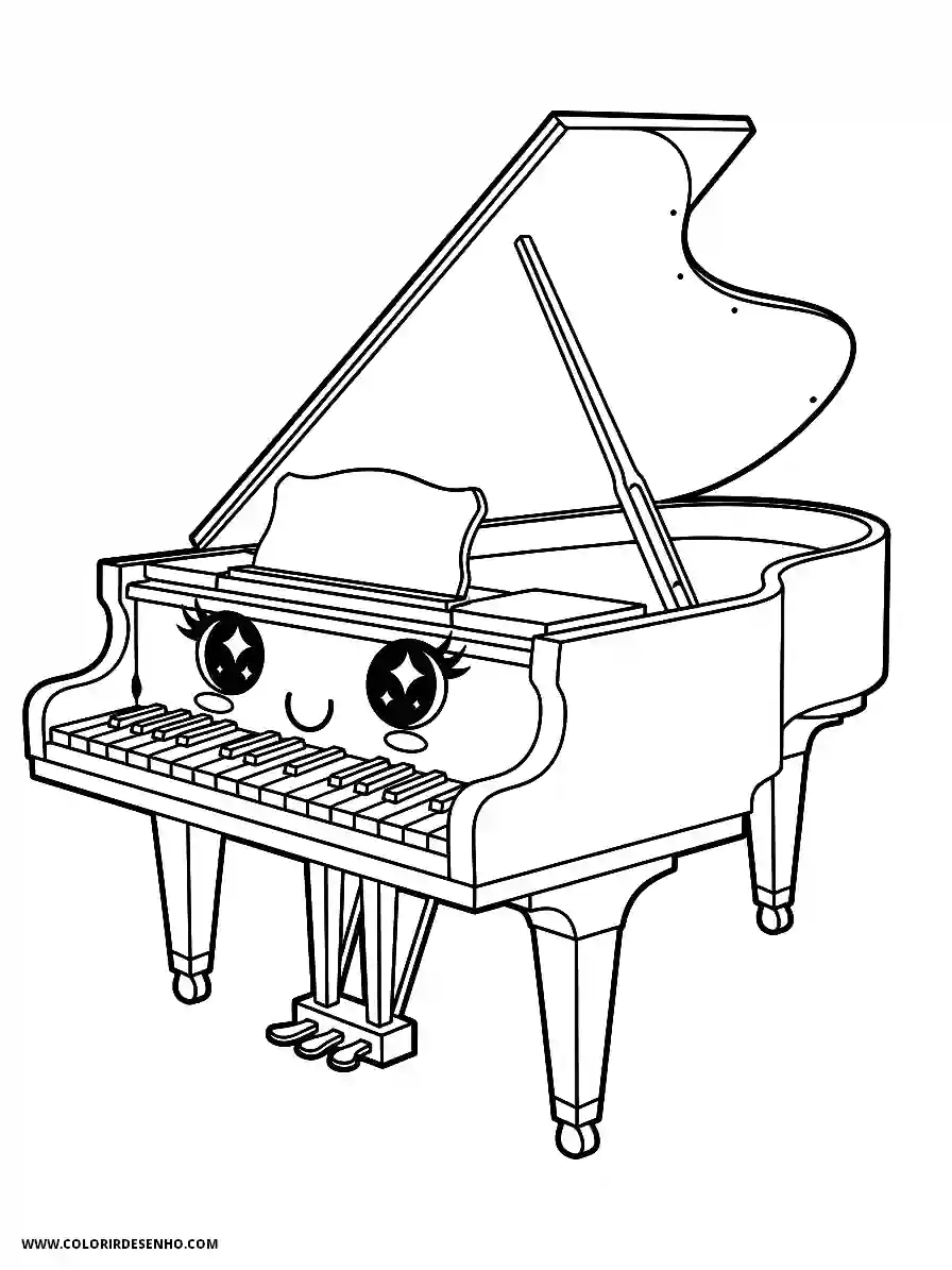 Music Coloring Pages (180+ Free Printables) 171 Music kawaii style a smiling grand piano with big sparkling eyes side profile view