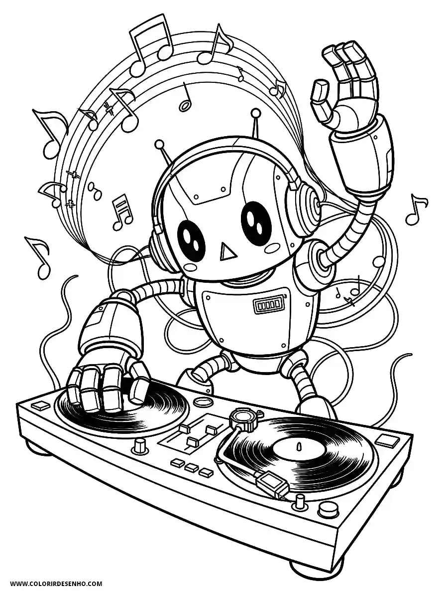 Music Coloring Pages (180+ Free Printables) 179 Music manga style adorable a futuristic robot dj playing vinyl records at a turntable energetic pose