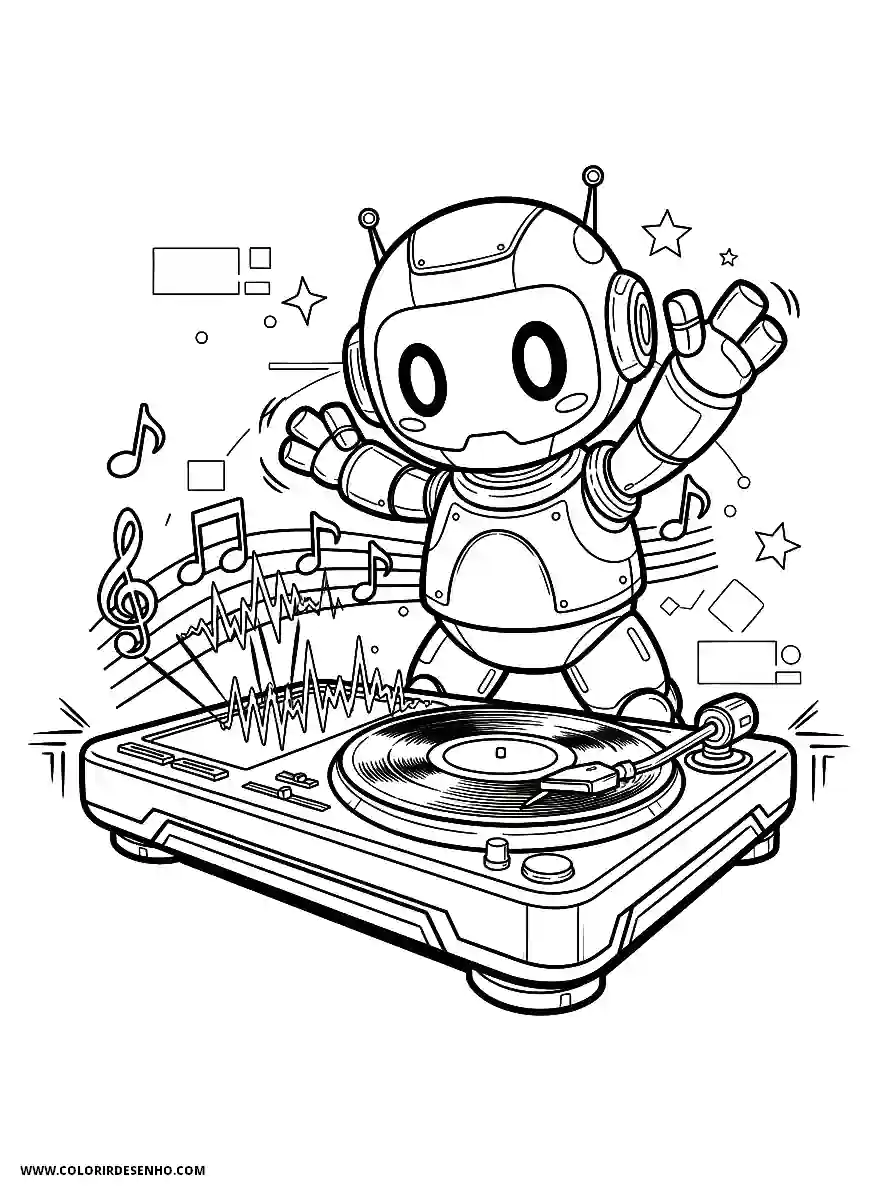 Music Coloring Pages (180+ Free Printables) 180 Music manga style adorable a futuristic robot dj spinning vinyl records at a turntable energetic pose