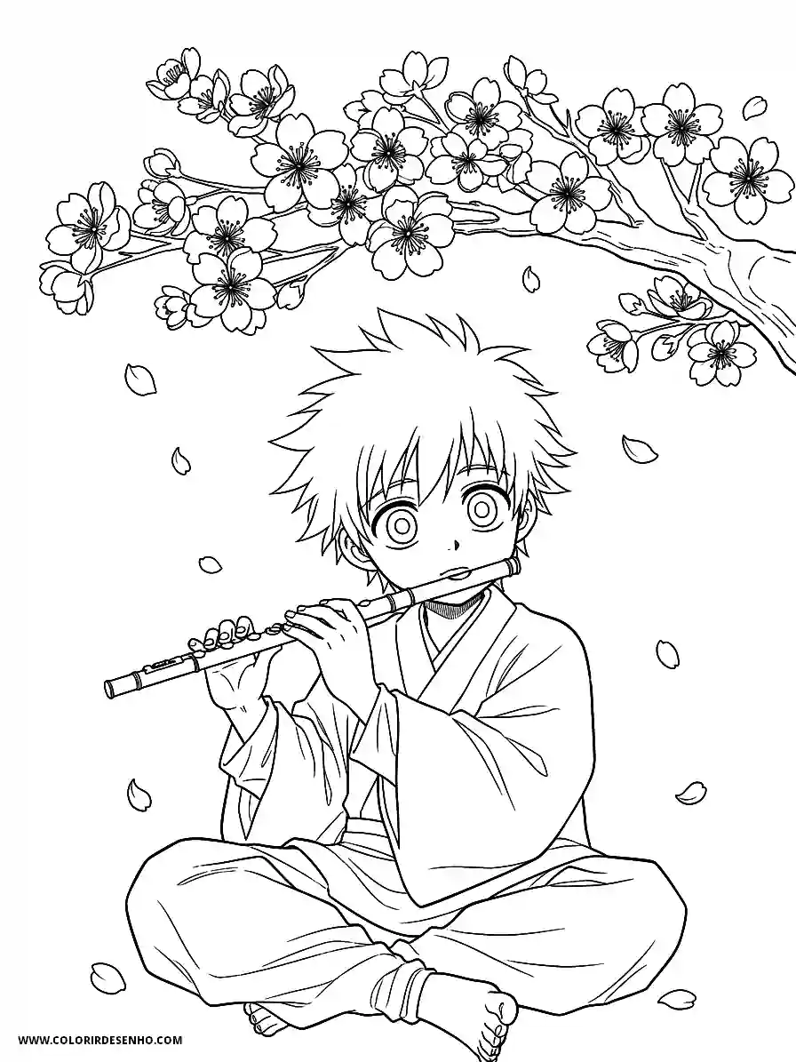 Music Coloring Pages (180+ Free Printables) 177 Music manga style a young boy performing a flute peacefully under a cherry blossom tree falling petals