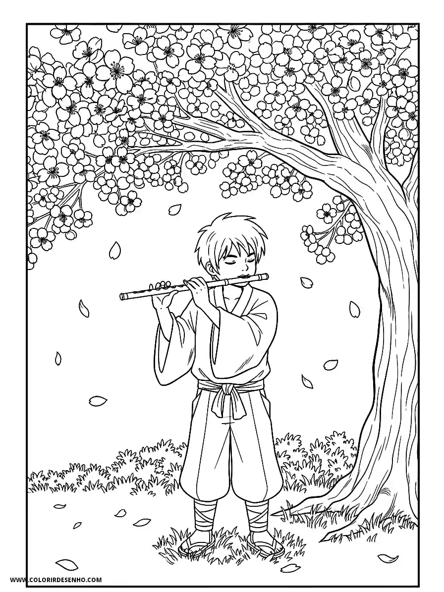 Music Coloring Pages (180+ Free Printables) 178 Music manga style a young boy playing a flute peacefully under a cherry blossom tree falling petals