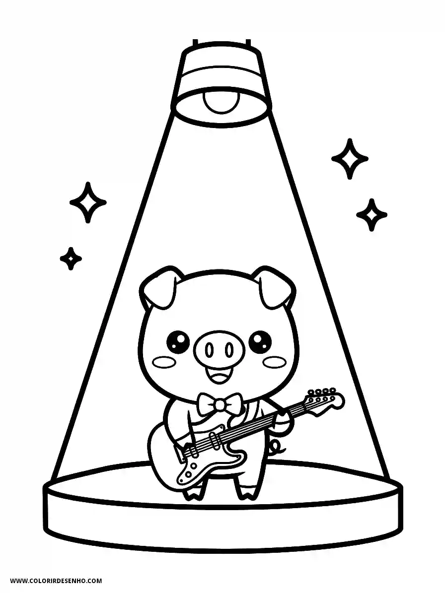 Pig Kawaii Style Playing Guitar Under Spotlight on Stage Coloring Sheet
