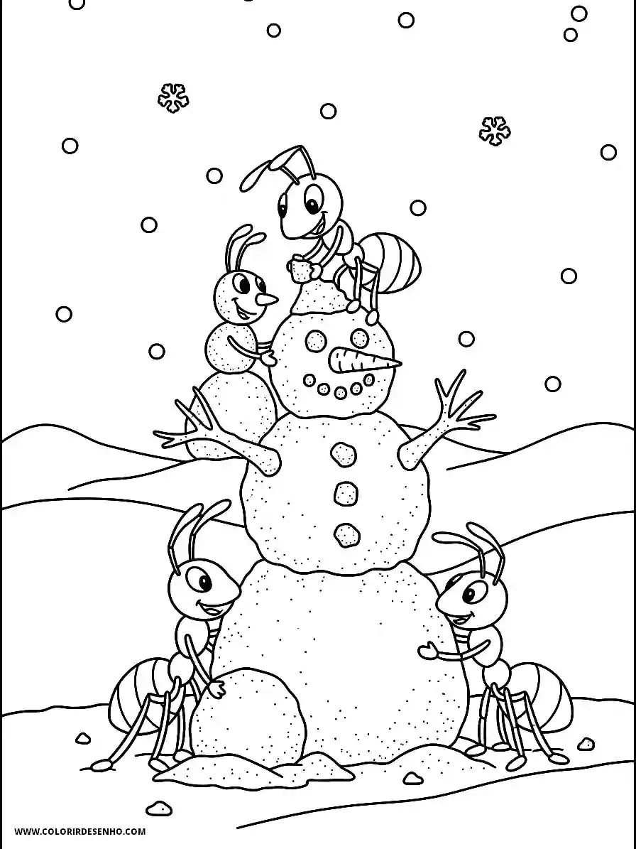 Ant Coloring Pages (136+ Free Printables) 131 Playful three ants cartoon style building a snowman made of sand