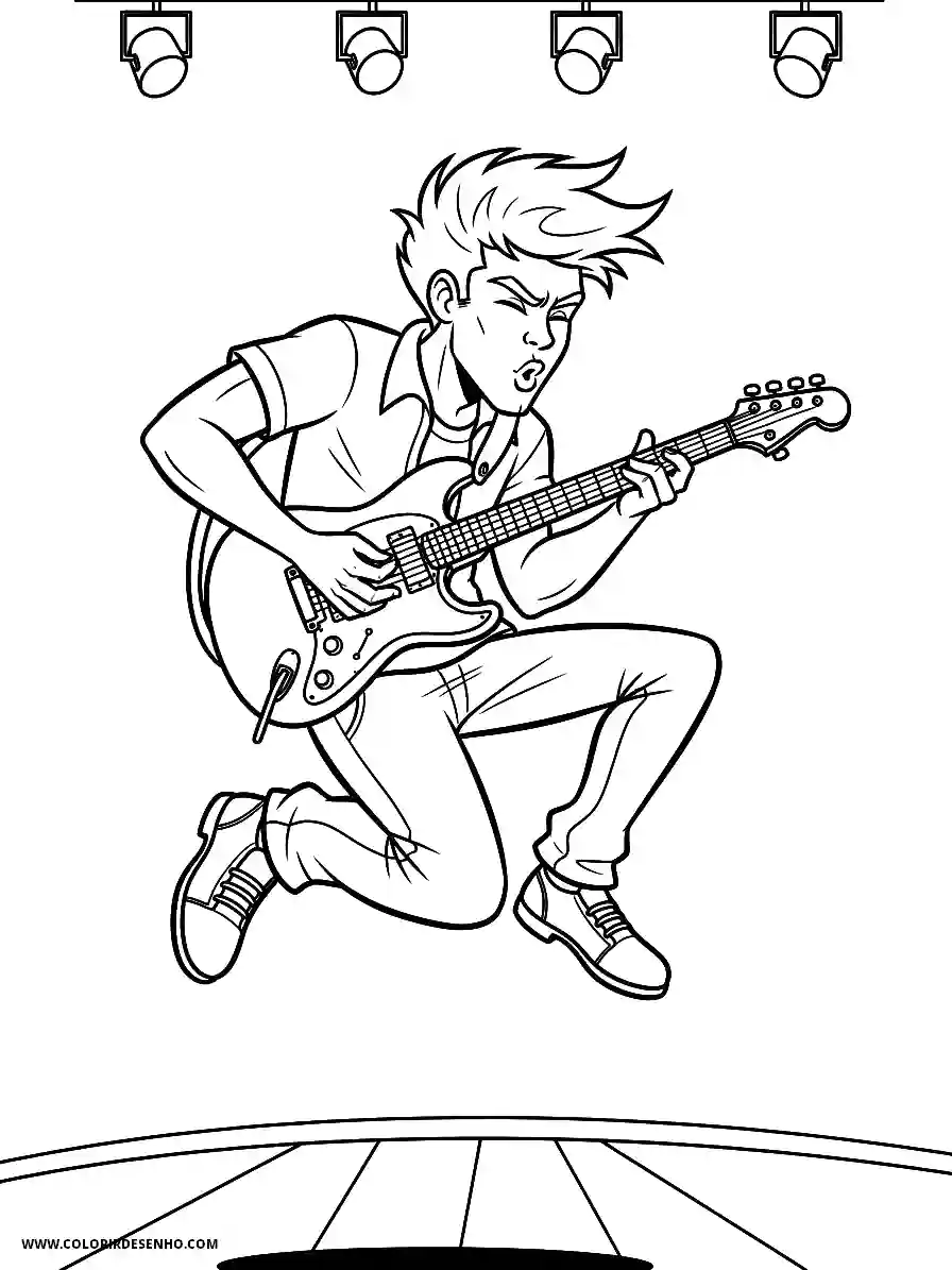 Pop Rock Cartoon Style Guitarist Jumping Mid Air Whilst Playing a Solo on Stage Coloring Sheet