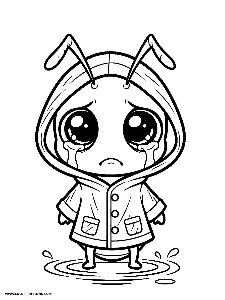 Ant Coloring Pages (136+ Free Printables) 132 Sad little ant chibi style standing in a puddle wearing a raincoat