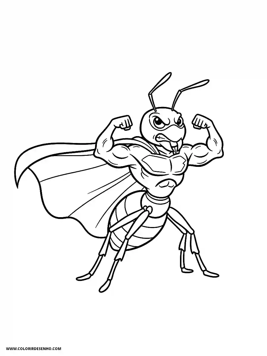 Ant Coloring Pages (136+ Free Printables) 135 Strong superhero ant line art flexing muscles with a cape