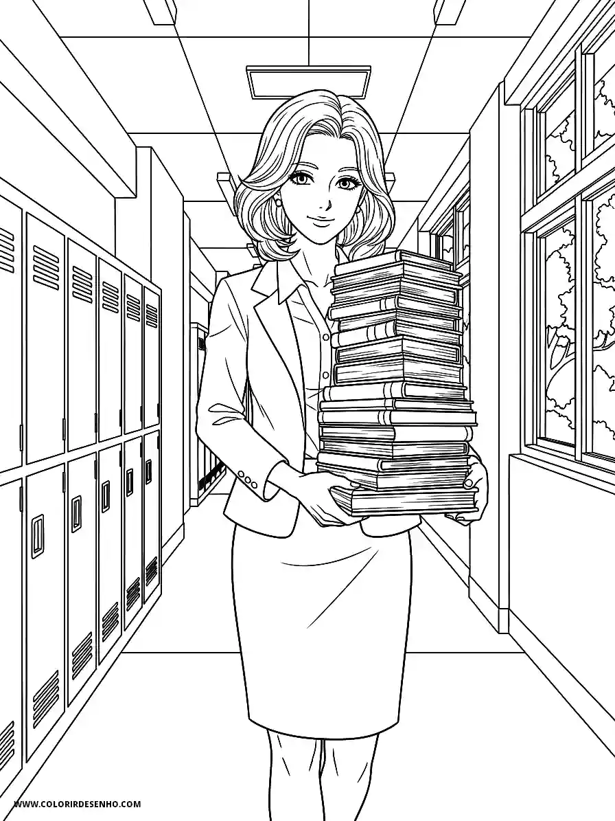Teacher Anime Style For Adults Carrying Pile Of Books Strolling Through Corridor Coloring Page