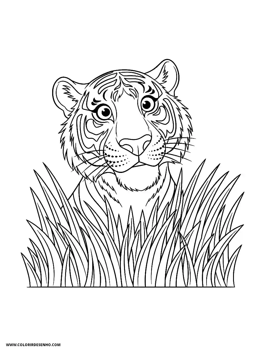 Tiger Coloring Pages (234+ Free Printables) 206 Tiger 3D Animation Style For Kids Curious Peeking Out From Behind Tall Jungle Grass Free Printable