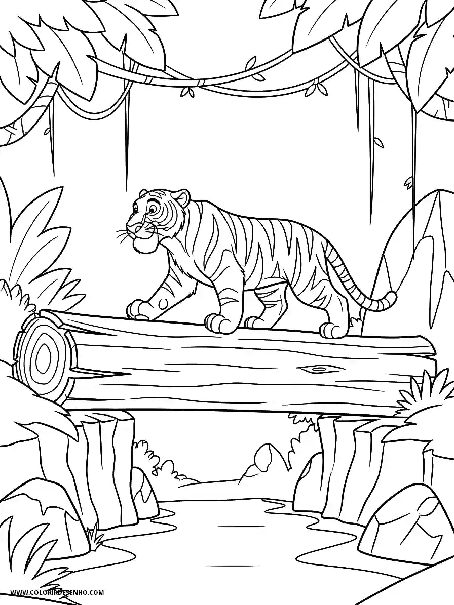 Tiger Coloring Pages (234+ Free Printables) 208 Tiger 3D Animation Style Simple Adventurous Treading Over Toppled Tree Trunk Coloring Page