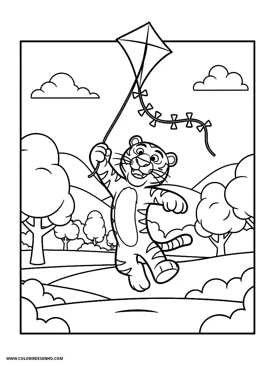Tiger Coloring Pages (234+ Free Printables) 210 Tiger 3D Animation Style Simple Easy Flying A Kite In A Windy Park Coloring Page