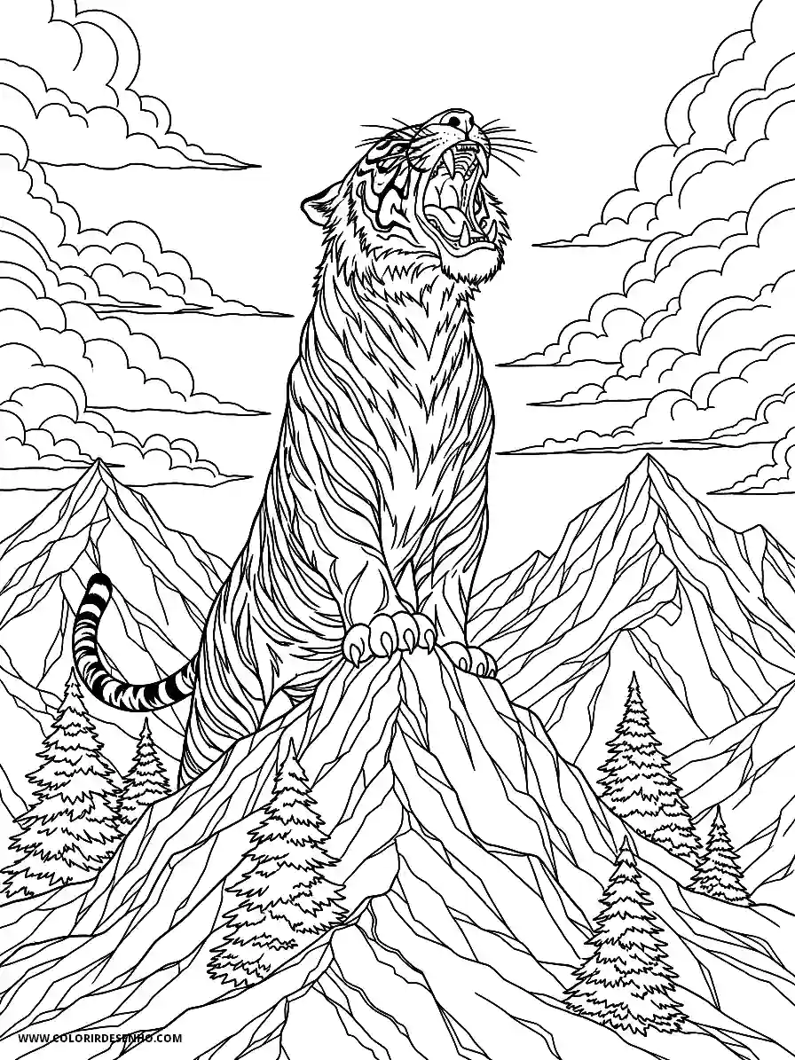 Tiger Coloring Pages (234+ Free Printables) 213 Tiger Anime Style For Adults Majestic Roaring On A Snowy Mountain Peak Coloring Sheet