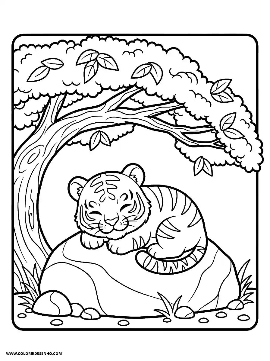 Tiger Coloring Pages (234+ Free Printables) 218 Tiger Chibi Style Adorable Sleeping Peacefully On A Large Rock Under A Tree Coloring Page