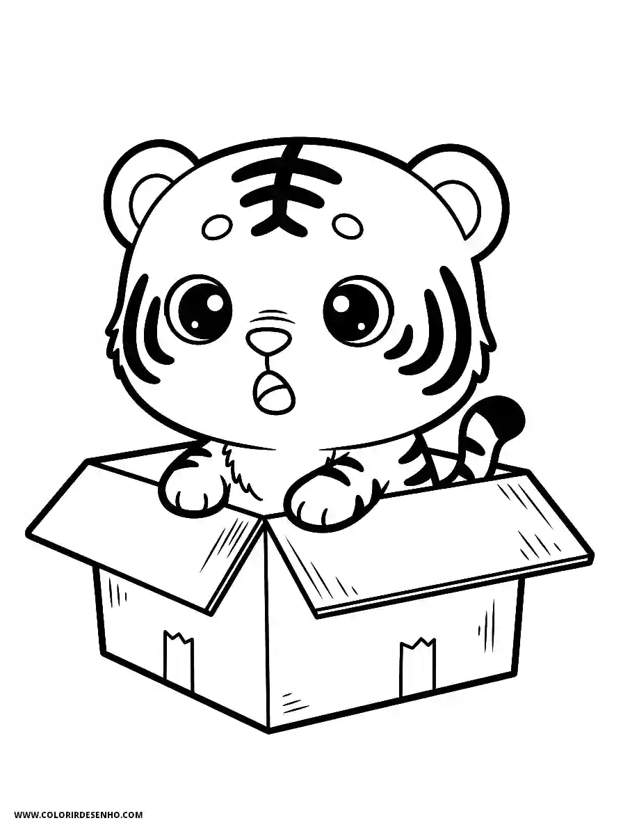 Tiger Coloring Pages (234+ Free Printables) 219 Tiger Chibi Style Cute Resting Within Paper Carton Looking Shocked Coloring Page