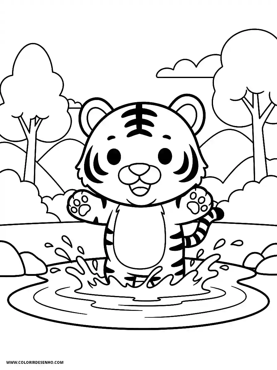 Tiger Coloring Pages (234+ Free Printables) 221 Tiger Chibi Style Simple Easy Playing In Water Joyfully In Little Pool Coloring Page