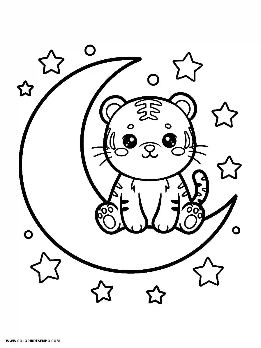 Tiger Coloring Pages (234+ Free Printables) 225 Tiger Kawaii Style Simple Dreamlike Resting On Half Moon Encircled By Starlight Coloring Page