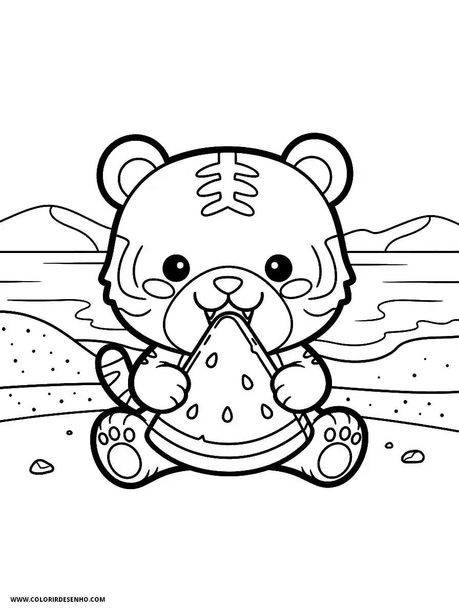 Tiger Coloring Pages (234+ Free Printables) 227 Tiger Kawaii Style Simple Easy Eating A Slice Of Watermelon On The Sandy Beach Coloring Sheet Summer