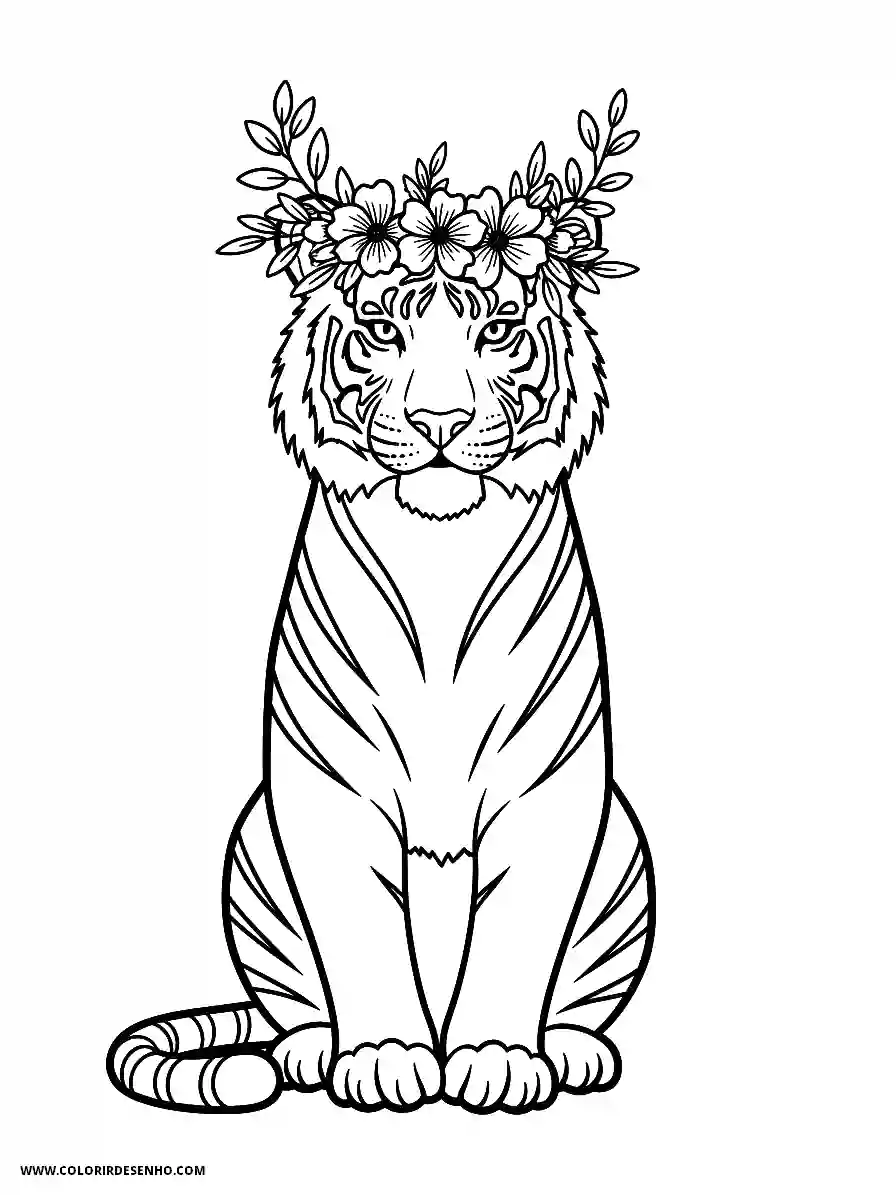 Tiger Coloring Pages (234+ Free Printables) 229 Tiger Line Art Simple Elegant Resting With Floral Wreath On Head Coloring Page