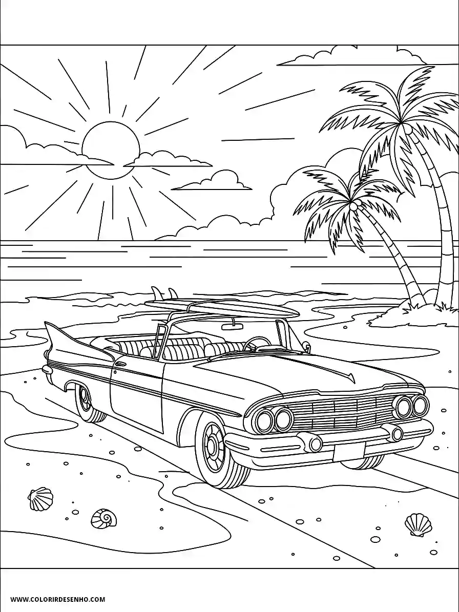 Vintage Cartoon Style Car Auto Stopping By Seaside With Board Coloring Page
