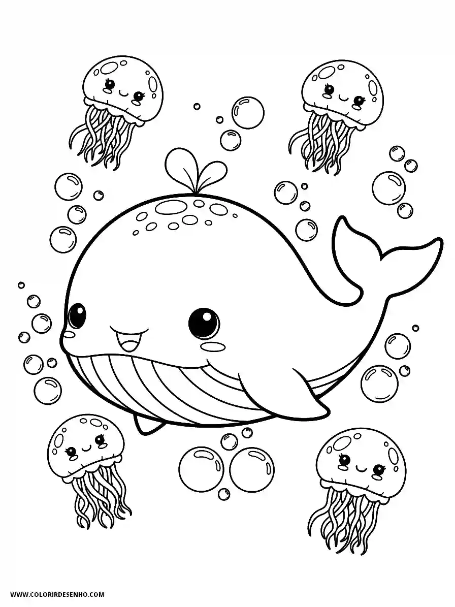 Whale Coloring Pages (139+ Free Printables) 133 whale kawaii style adorable surrounded by jellyfishes and bubbles2155