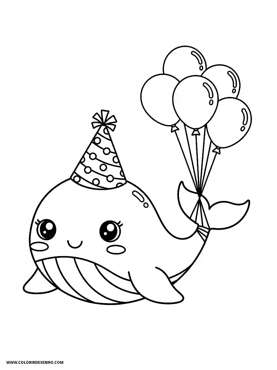 Whale Coloring Pages (139+ Free Printables) 135 whale kawaii style for kids wearing a party hat with balloons2153
