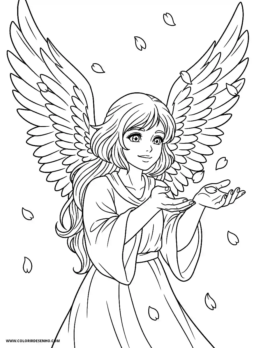 angel blowing petals from her hands in a gentle breeze