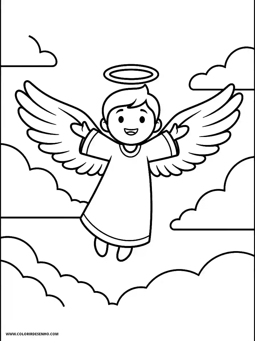 angel flying in clouds wearing wings and halo