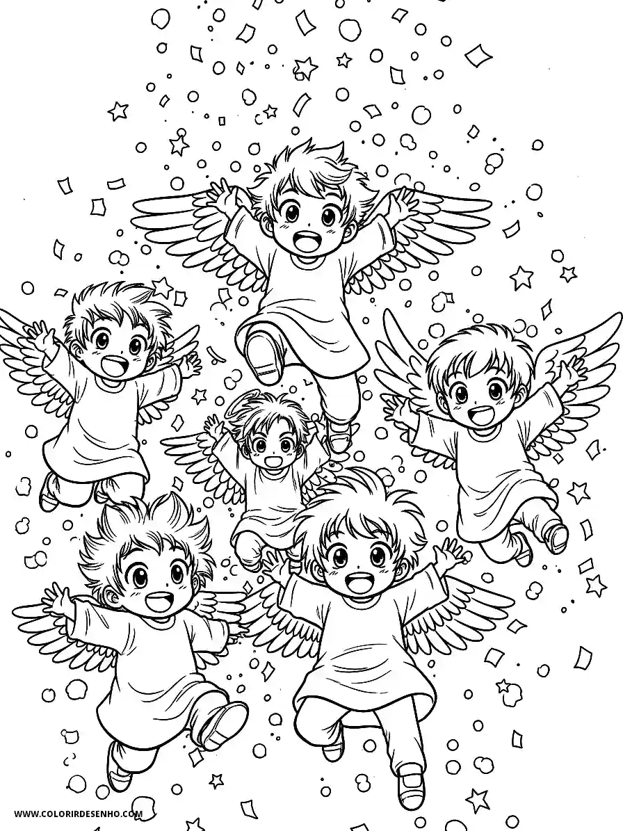 angel flying in starry sky surrounded by other angels