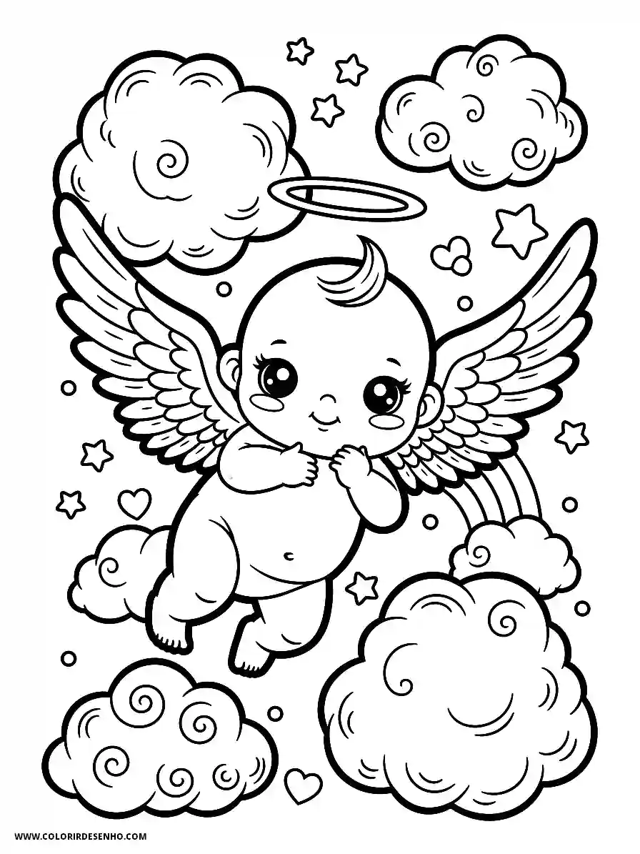 angel flying on clouds with halo and wings