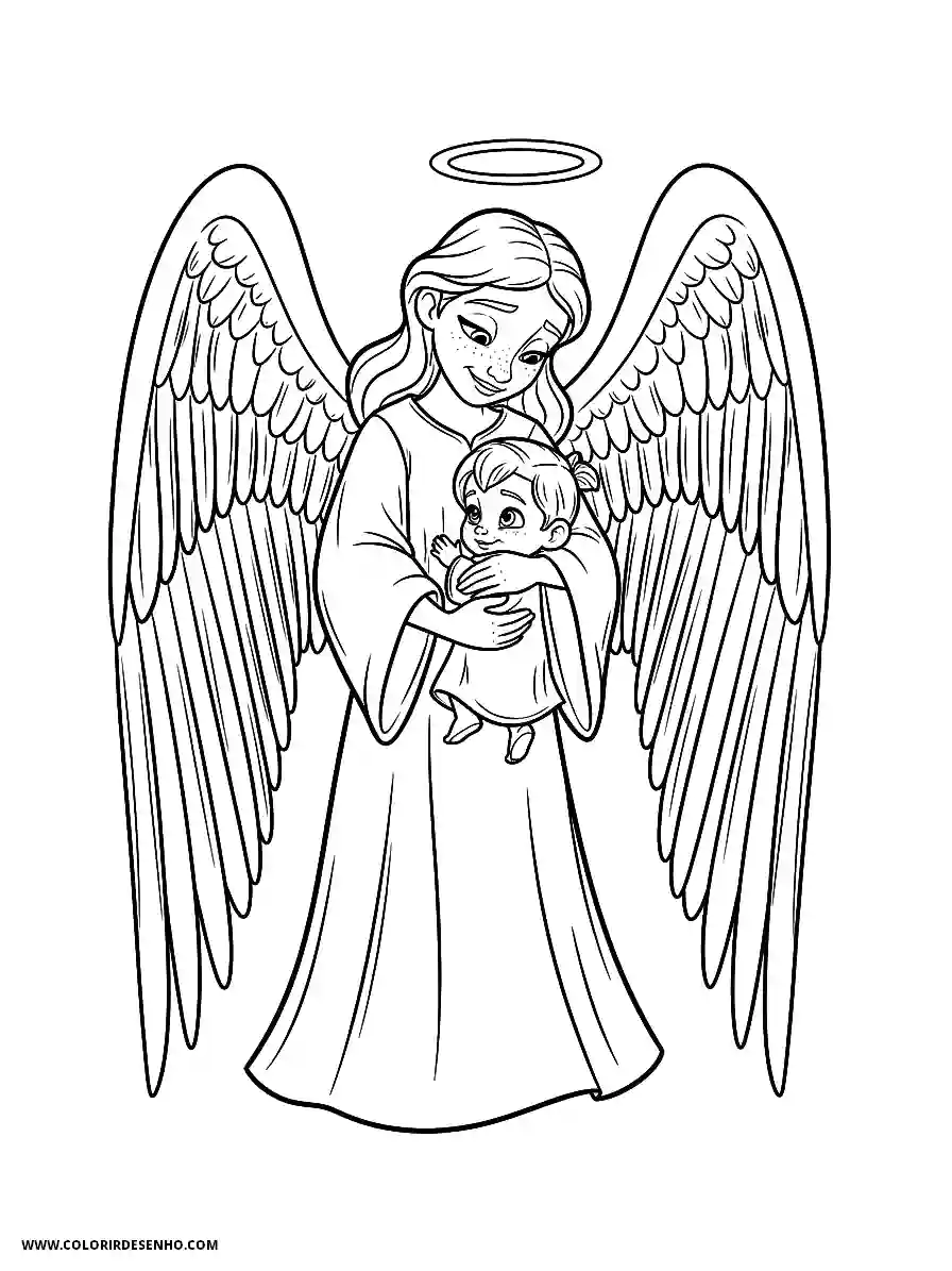 angel holding baby in arms halo above head long wings on back long flowing