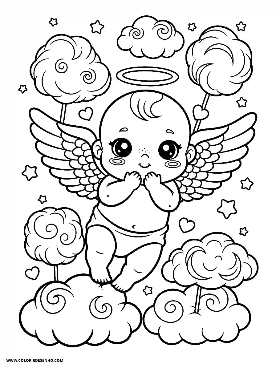 angel holding balloons and clouds in sky